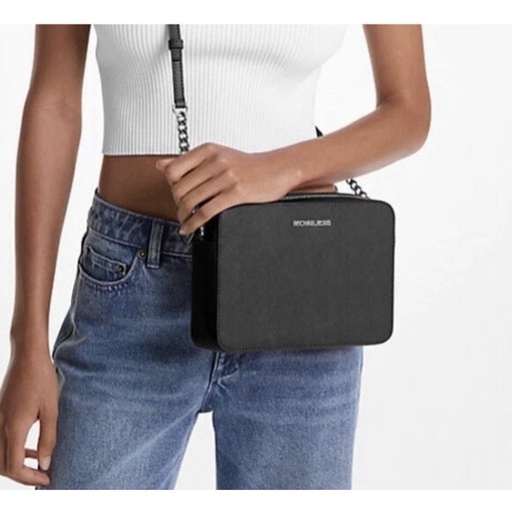 Michael Kors Brown Logo Crossbody Bag Zip, Chain Strap, Adjustable, Silver